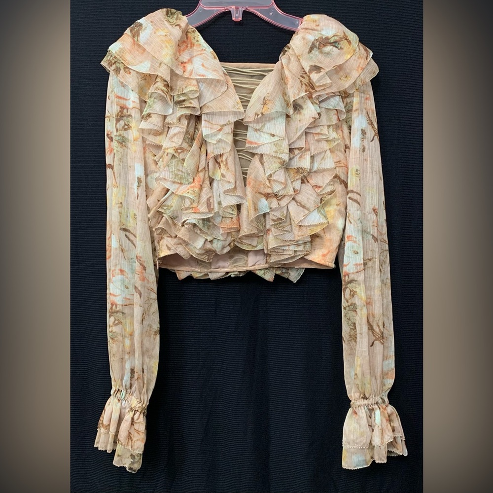 Fendas Cropped Blouse Long Sleeve Ruffles Side Zipper Fitted Size Small - Picture 2 of 9